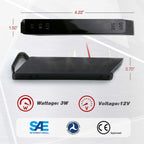 A 12V automotive light bar shown from two angles on a light gray graphic background with dimension lines and text indicating 4.22 inches x 1.5 inches x 0.70 inches