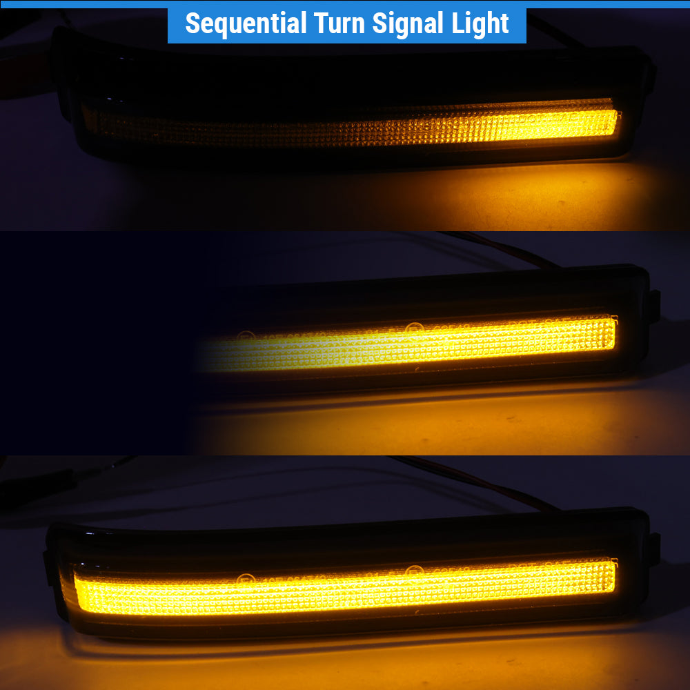 A three-panel demonstration of a rectangular automotive turn signal light showing a sequential amber yellow light on, set against a dark background with a blue header reading 'Sequential Turn Signal Light'.