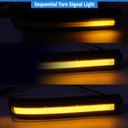 A three-panel demonstration of a rectangular automotive turn signal light showing a sequential amber yellow light on, set against a dark background with a blue header reading 'Sequential Turn Signal Light'.