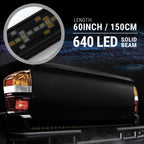 A black LED truck bed light bar shown mounted along the bed of a black pickup truck, with a circular inset showing the light bar close-up and text reading 'LENGTH: 60INCH / 150CM' and '640 LED SOLID BEAM'.
