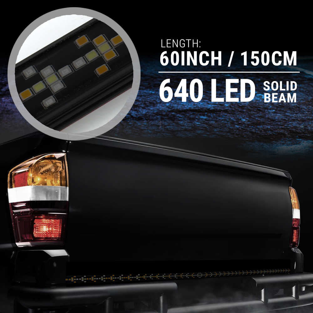 A black LED truck bed light bar shown mounted along the bed of a black pickup truck, with a circular inset showing the light bar close-up and text reading 'LENGTH: 60INCH / 150CM' and '640 LED SOLID BEAM'.