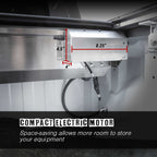 Compact electric motor with dimensions labeled, set against a metallic background.