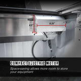 Compact electric motor with dimensions labeled, set against a metallic background.