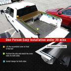 Truck bed cover installation process with text indicating one-person easy installation under 30 minutes.