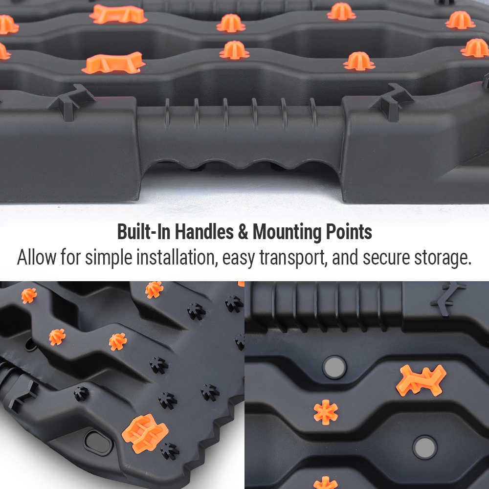 Black truck bed mat with orange accents, built-in handles, and mounting points for easy install and storage.