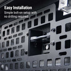 Metal molle panel with bolts and text indicating easy installation without drilling.