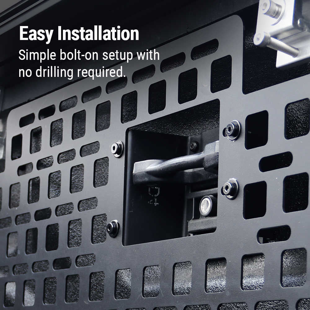 Metal molle panel with bolts and text indicating easy installation without drilling.