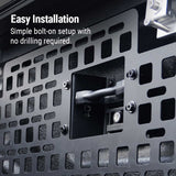 Metal molle panel with bolts and text indicating easy installation without drilling.