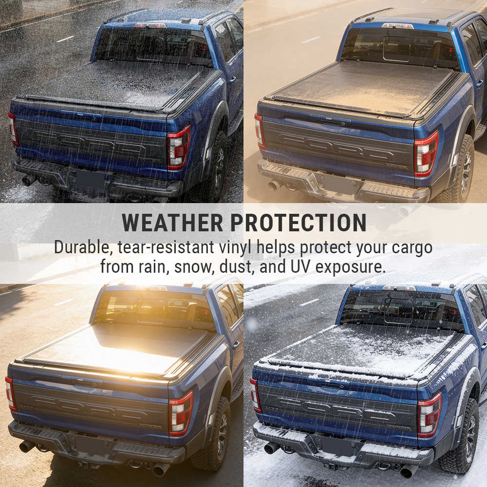 Tonneau cover on a truck with text highlighting weather protection features.