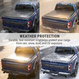 Tonneau cover on a truck with text highlighting weather protection features.