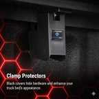 Black clamp protector with Synetic USA logo on a textured black surface with red geometric patterns.