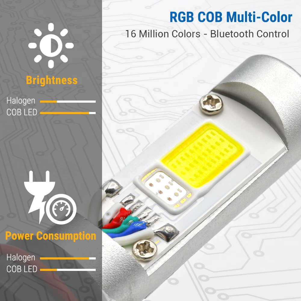 RGB COB multi-color LED light chip with technical specifications on a gray background