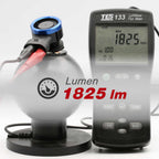 Luminous flux meter measuring a light bulb with 1825 Lumen output.