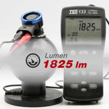 Luminous flux meter measuring a light bulb with 1825 Lumen output.