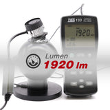 Light bulb with Lumen 1920 lm label and digital flux meter showing 1920 lm on a white background