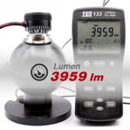 Luminous flux meter measuring a light bulb with 3959 Lm displayed.