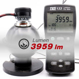 Luminous flux meter measuring a light bulb with 3959 Lm displayed.
