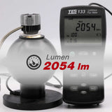 Luminous flux meter measuring a light bulb with a displayed lumens value.