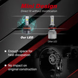 Comparison of LED bulbs with text highlighting features on a black and red background