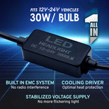 LED headlight bulb with specifications on a blue grid background