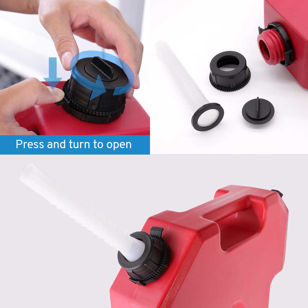 Red fuel can with press-and-turn cap and spout for easy pouring, ideal for trucks and SUVs