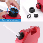 Red fuel can with press-and-turn cap and spout for easy pouring, ideal for trucks and SUVs