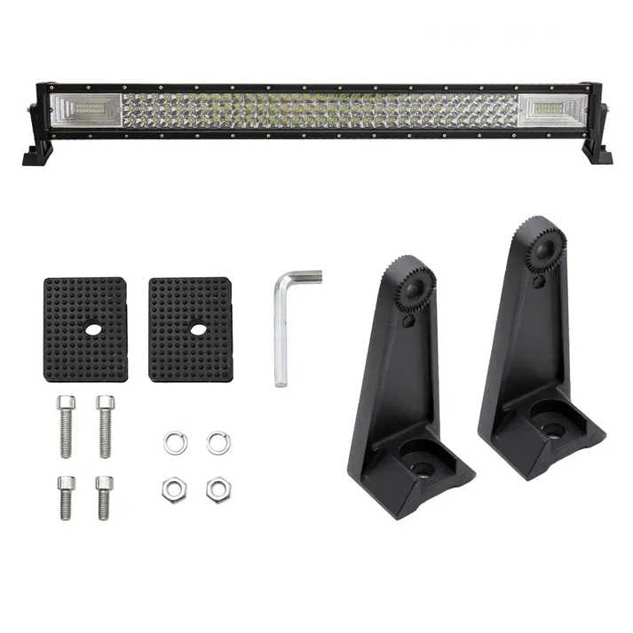 A 12V LED off-road light bar kit with two black mounting brackets, two mounting plates, a silver L-shaped wrench, and mounting hardware, displayed on a clean white background.