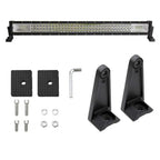 A 12V LED off-road light bar kit with two black mounting brackets, two mounting plates, a silver L-shaped wrench, and mounting hardware, displayed on a clean white background.