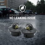 Two waterproof LED light fixtures shown outdoors on wet pavement in the rain, with overlaid text reading 'DESIGNED TO LOCK TIGHT NO LEAKING ISSUE' and a shield icon.