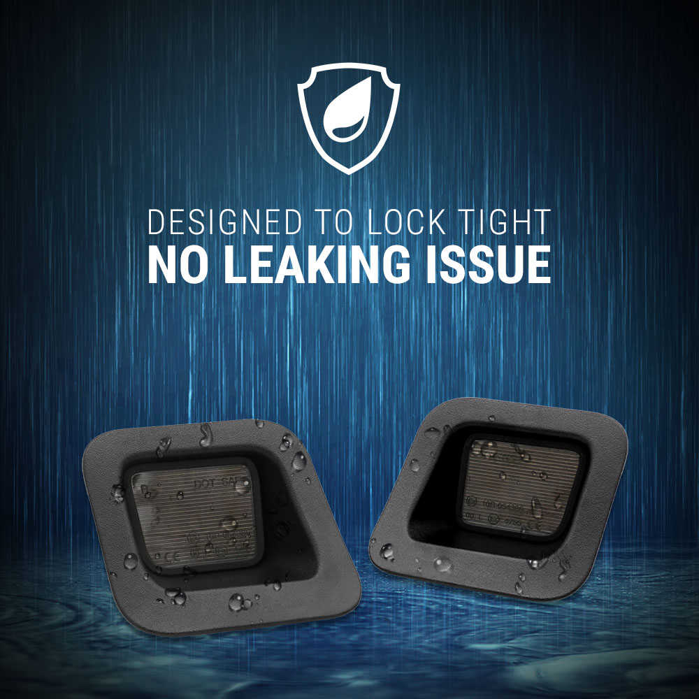 Two black waterproof seal patches shown on a blue rain-themed background with white text reading 'DESIGNED TO LOCK TIGHT' and 'NO LEAKING ISSUE'.