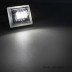 A square white LED light fixture with a clear protective cover, shown casting a bright white beam of light onto a dark surface. The text 'WHITE LED LIGHT' is visible in the bottom right corner.