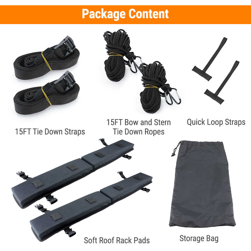 Package content layout showing included items on a white background: two black tie-down straps, two black tie-down ropes with carabiners, two quick loop straps, two soft roof rack pads, and a black storage bag. An orange header reads 'Package Content'.