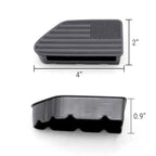 Black plastic step stool or step pad shown from two angles with dimension markings: 4 inches wide, 2 inches high, and 0.9 inches deep, on a white background.