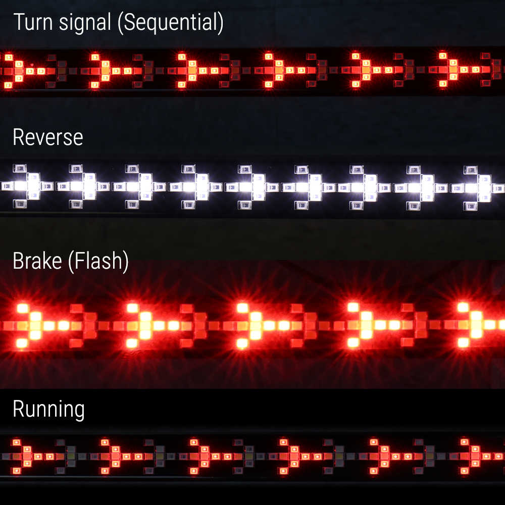 A set of LED light bars showing different signal modes: Turn signal (Sequential), Reverse, Brake (Flash), and Running, displayed against a dark background with white text labels.