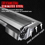 Heavy-duty stainless steel rail with text highlighting durability and weight distribution on a black background.