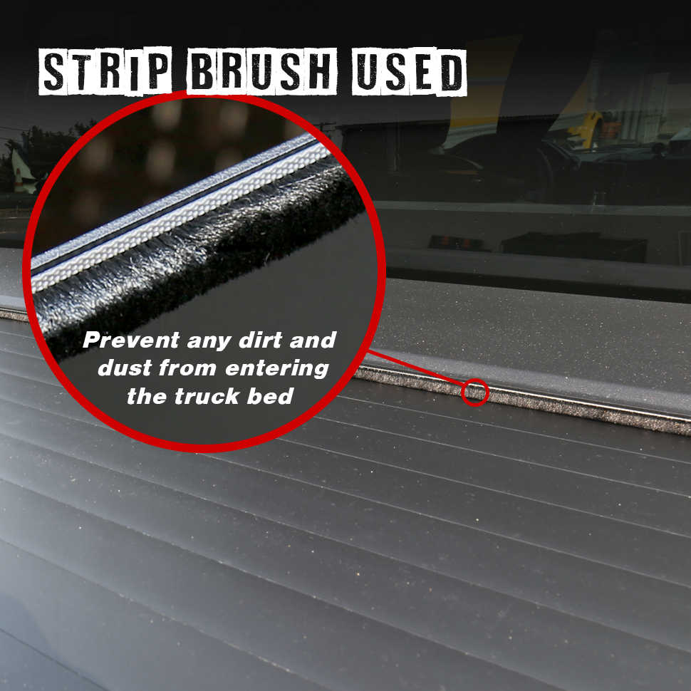Close-up of a strip brush used to prevent dirt and dust from entering a truck bed, with text overlay.