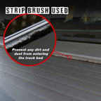 Close-up of a strip brush used to prevent dirt and dust from entering a truck bed, with text overlay.