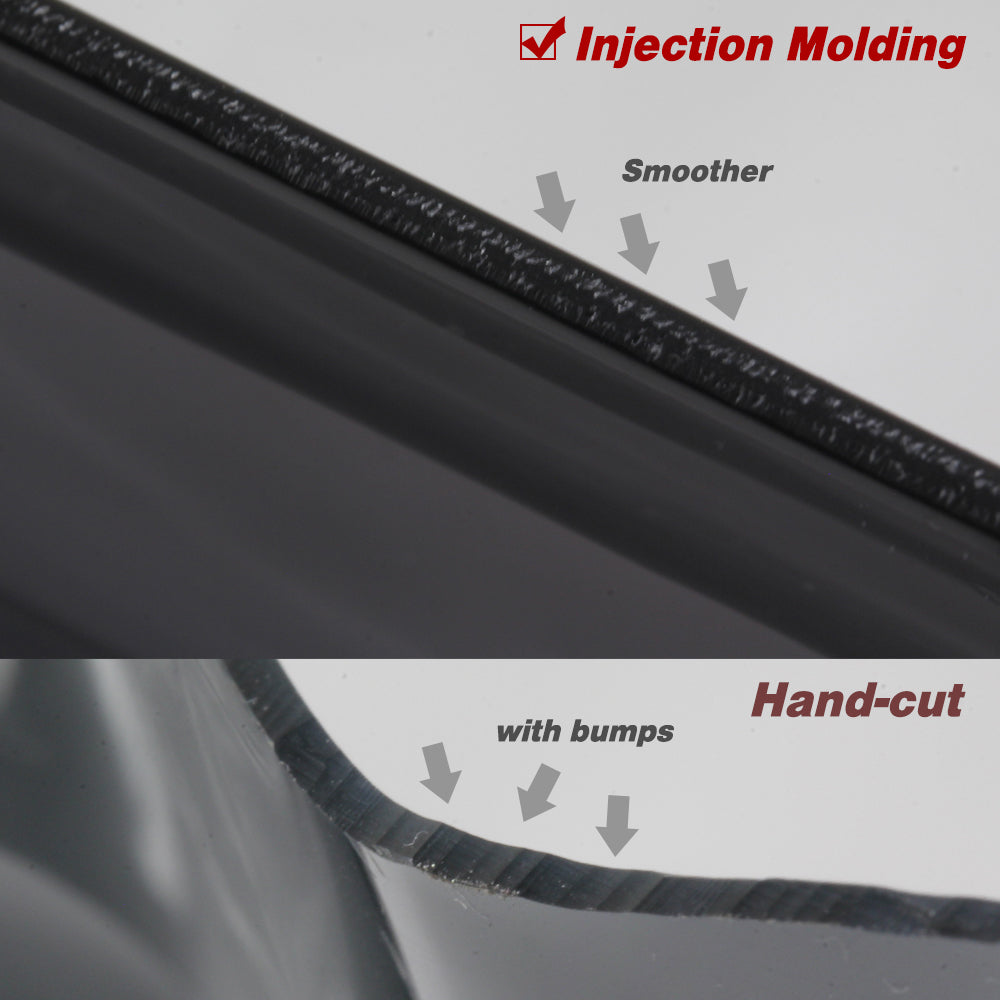 Comparison of injection molding and hand-cut edges on a surface.