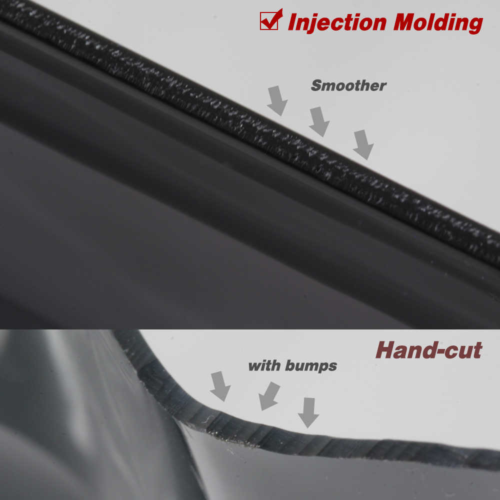 Comparison of injection molding and hand-cut edges on a surface.