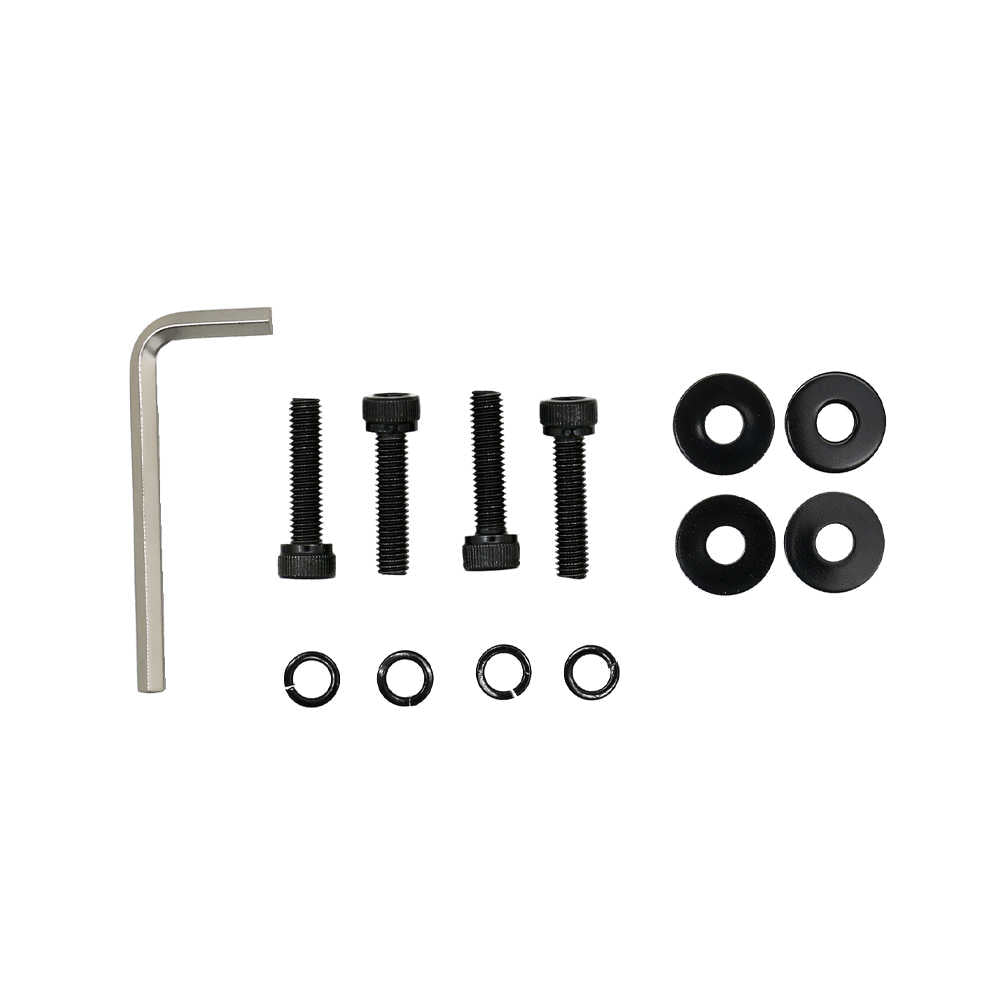Set of screws, washers, and an Allen key on a white background