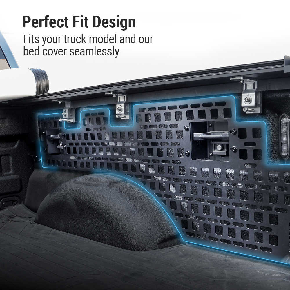 Truck bed side panel with 'Perfect Fit Design' text and truck interior background