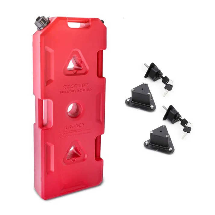 Red 5-gallon gasoline can with lockable cap and mounting bracket for truck or off-road use