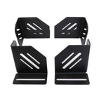 Four black metal brackets on a white background