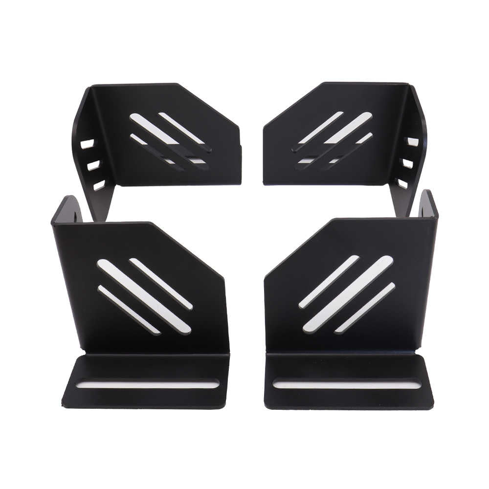 Four black metal brackets on a white background