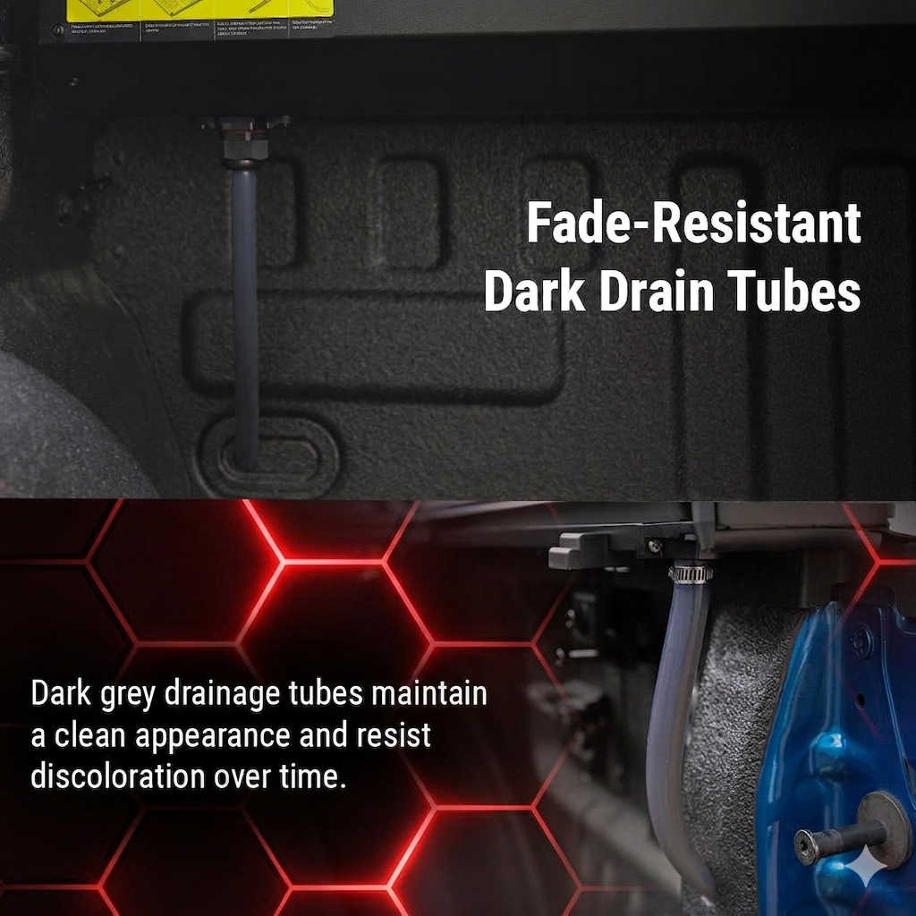 Dark drain tubes in a vehicle's undercarriage with text highlighting their fade-resistant properties.