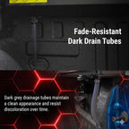 Dark drain tubes in a vehicle's undercarriage with text highlighting their fade-resistant properties.