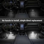 A split comparison of a car interior before and after installing lighted floor mats. The top half shows dark, dimly lit floor mats in the driver's and passenger's seats.