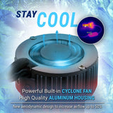 Heater with text 'Stay Cool' and features highlighted on a blue gradient background