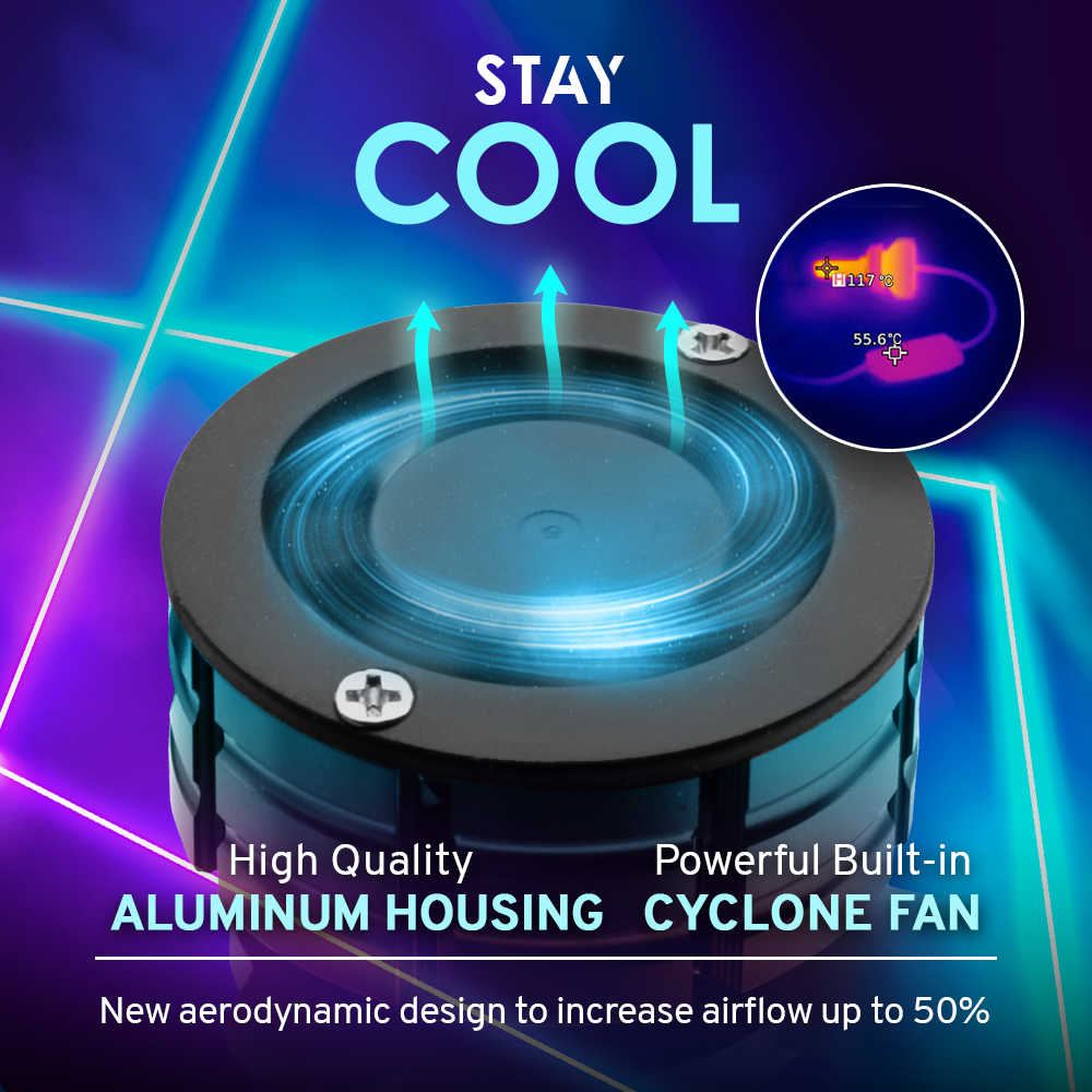 Cyclone fan with text highlighting features on a dark background