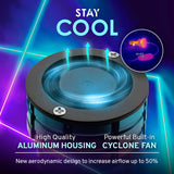 Cyclone fan with text highlighting features on a dark background
